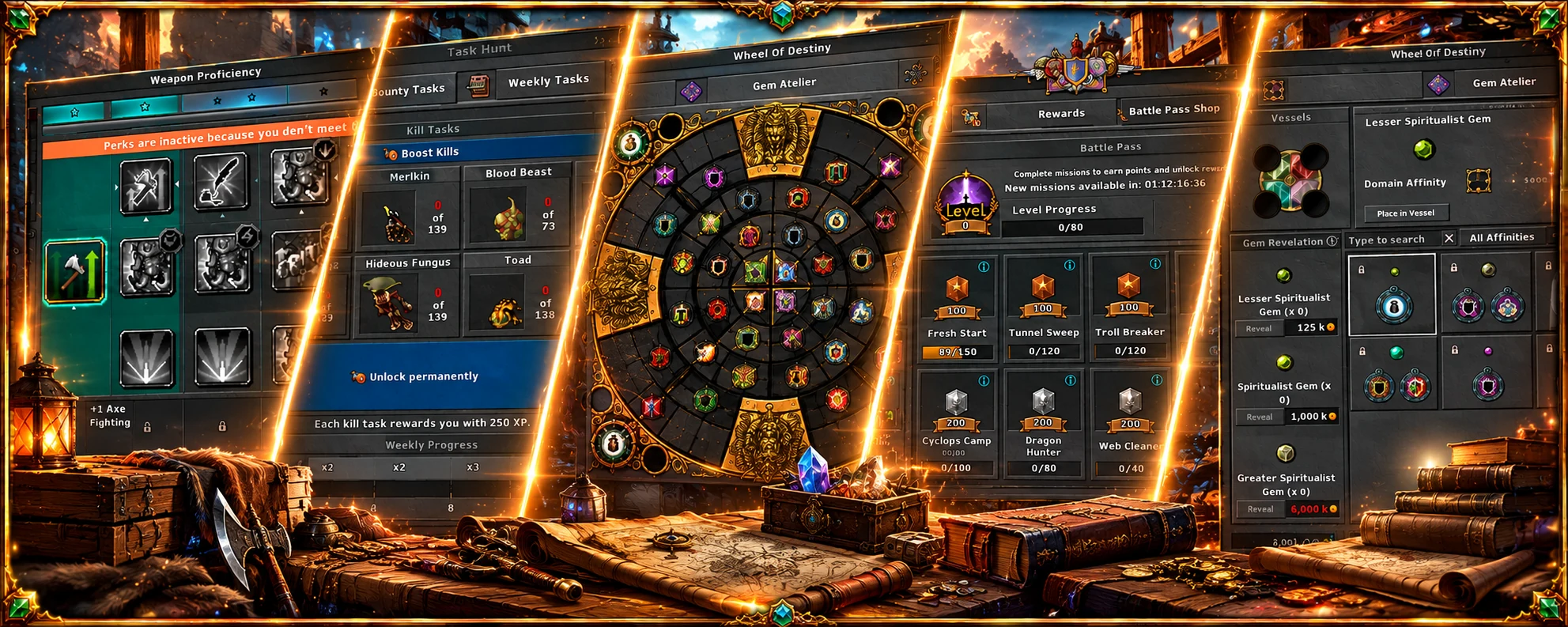Sistemas do Elfen Server: Weapon Proficiency, Task Hunt, Roda de Habilidades, Battle Pass e Gem Atelier