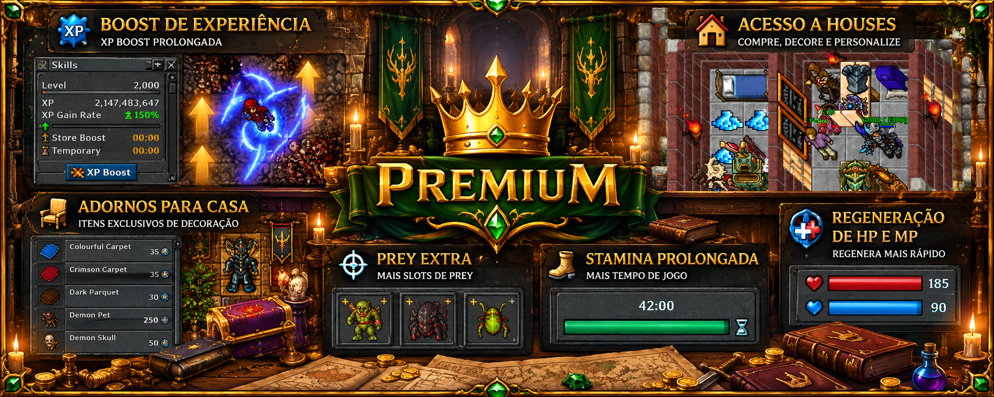 Benefícios Premium do Elfen Server: experiência, casas, adornos, prey extra, stamina e regeneração